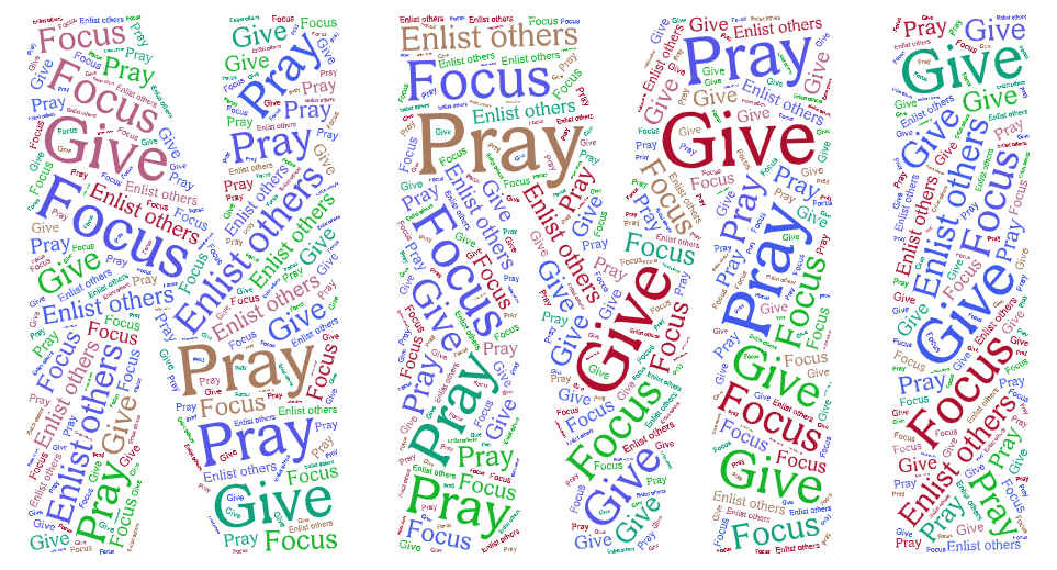 Letters NMI made with words like pray, give, enlist others, and focus